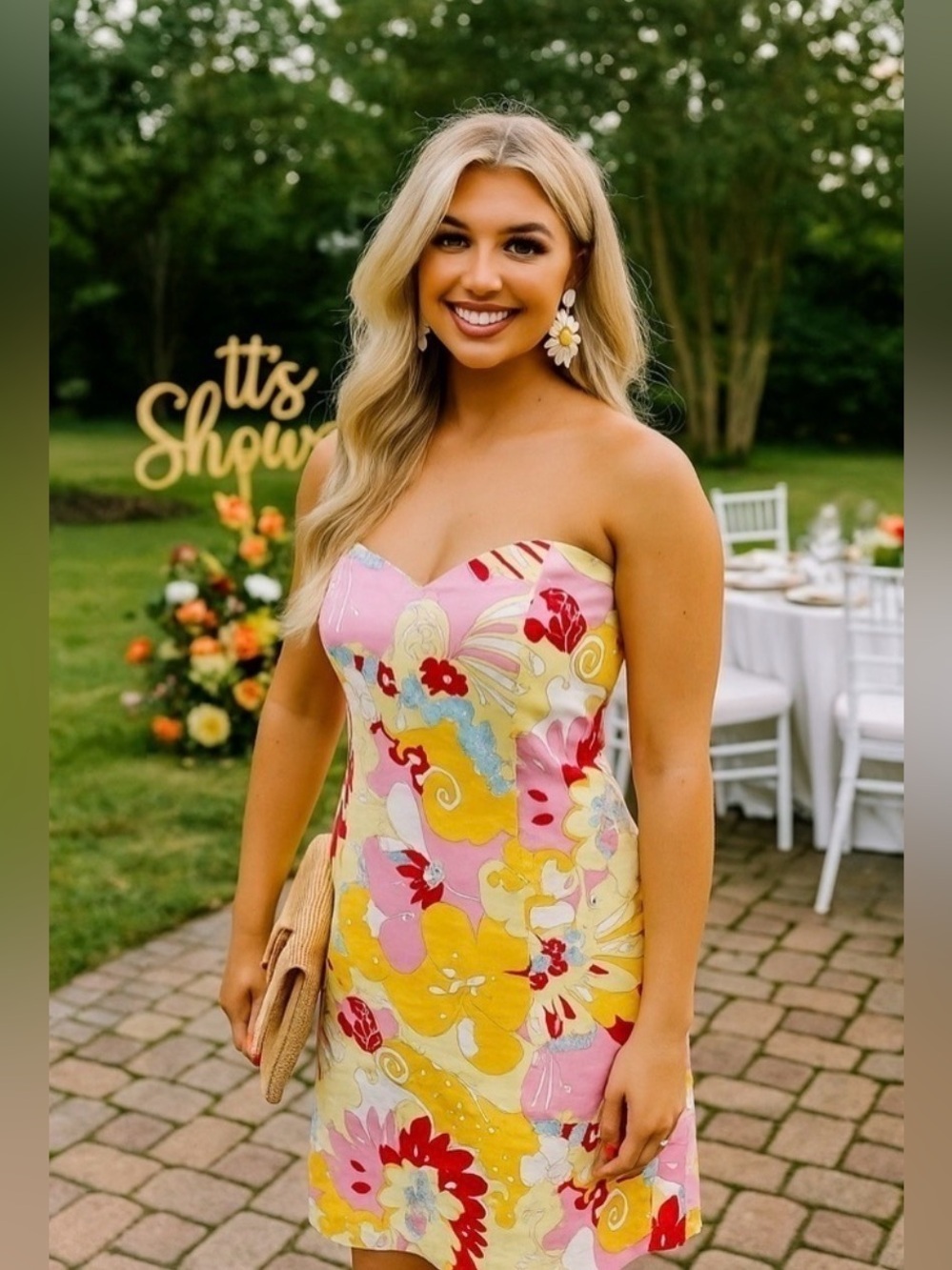 David Meister Yellow Pink Red Cotton Strapless Floral Sheath Dress Size 10